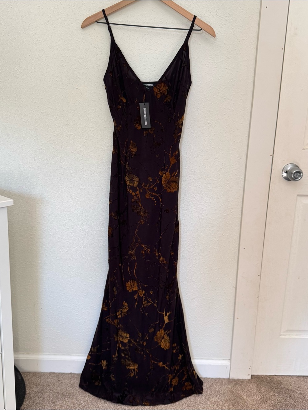 NWT PrettyLittleThing Dark Plum Slip Dress with Brown/Gold Floral Accents S
